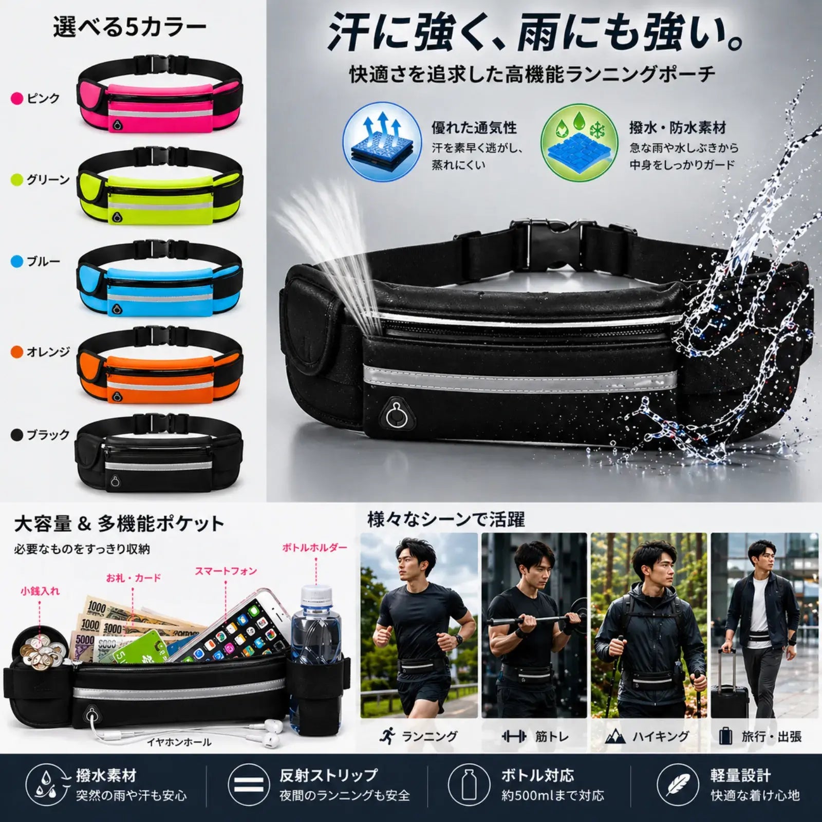 RunEase Bottle Belt | ボトルもスマホもすっきり収まる、揺れにくいランニングポーチ